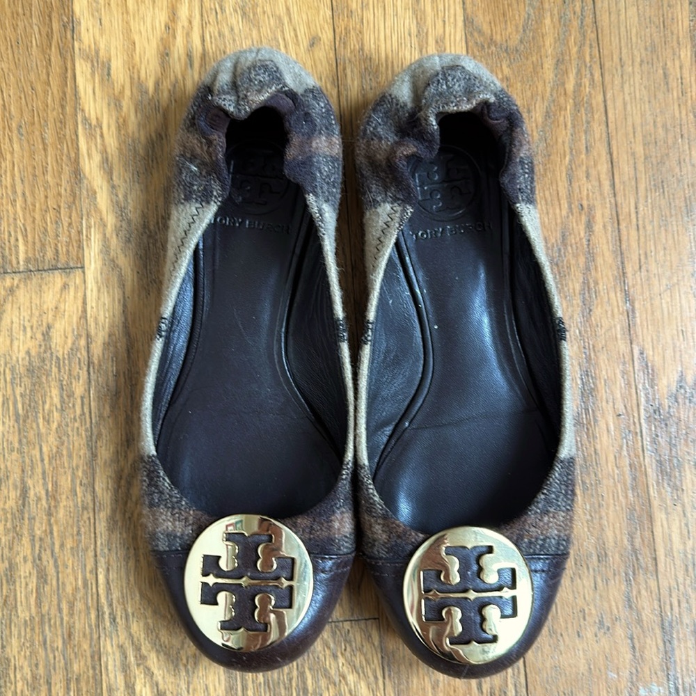Tory Burch flats, brown plaid, size 6